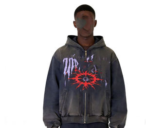 Sweat-shirt à capuche zippé délavé à l'acide pour homme, avec logo personnalisé, impression directe, streetwear, décontracté, fabricant - Product Image 4