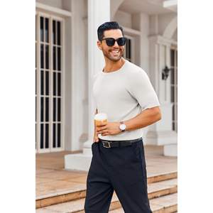 2025 hommes décontracté coupe ajustée col rond pull pull basique Stretch à manches courtes haut en tricot - Product Image 1