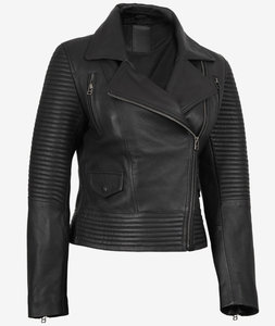 SBEA IMPEX Womens Black Genuine Leather Biker Jacket Slim Fit Asymmetrical Zip Moto Jacket <b>Quilted</b> Padded Puff Sleeves Crew - Product Image 1