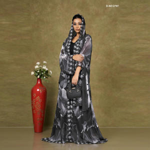 Abstract Printed Chiffon Long <b>Shrug</b> with Scarf Drape, Modest Elegant Abaya Style Outerwear <b>for</b> Middle East Wear - Product Image 1