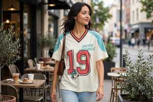 Women's <b>Oversized</b> <b>V</b> <b>Neck</b> Raglan Sleeve <b>T</b> <b>Shirt</b> Cream Mint Green Number Print Cotton Tee - Product Image 6