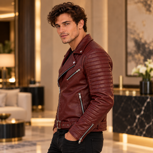 Veste en cuir véritable pour homme, couleur bordeaux, avec ceinture et col à revers, style motard, avec manches matelassées, pour le quotidien et la vente en gros - Product Image 5