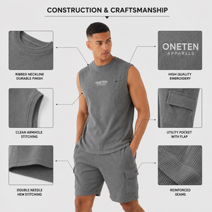เสื้อกล้ามถักลายวาฟเฟิลสำหรับผู้ชายช่วงฤดูร้อน และกางเกงขาสั้นคาร์โก้ ระบายอากาศได้ดี น้ำหนักเบา มีโลโก้ด้านหน้า ชุดลำลองสำหรับใส่ภายนอก - Product Image 4