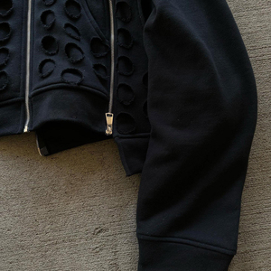 Sweat à capuche zippé pour homme, coupe personnalisée, col à découpes, en molleton, coupe courte oversize, style streetwear, couleur unie, manches classiques, pour l'automne - Product Image 5