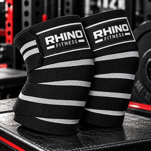 RHINO FITNESS Adjustable Unisex Nylon Knee <b>Wraps</b> Stabilizer Hook Loop Strap Black <b>White</b> Leg Support - Product Image 1
