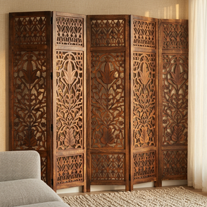 Paravent pliable rectangulaire en bois artisanal indien moderne avec sculpture florale Jali pour la décoration du salon - Product Image 2