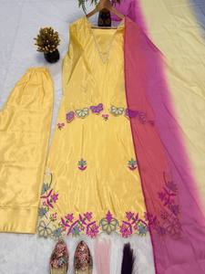 Maroon Rayon Embroidered Farshi Salwar Kameez Set <b>Women</b> Traditional Ankle-Length Wedding Party Wear India Pakistan Style - Product Image 2