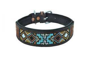 Collier pour chien en cuir fait main de qualité supérieure avec motif géométrique perlé, boucle de fermeture de style tribal, utilisation toutes saisons, résistant - Product Image 3