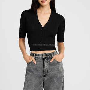 Women's 2027 Winter Standard Thickness cropped <b>Wool</b>/Acrylic <b>Cardigan</b> High Quality <b>Black</b> Solid Color Trendy Covered Button - Product Image 4