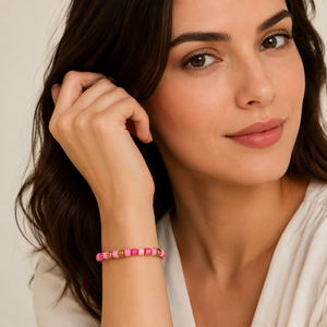 Wholesale Handmade Pink Heishi <b>Beaded</b> Zinc Beads Stretch <b>Bracelet</b> <b>Gold</b>-Tone Spacers Metal Ball Beads for Women Party Trendy - Product Image 5