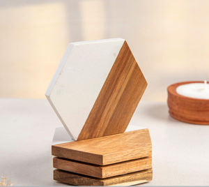 Factory Direct Hexagon Natural Marble Combined Acacia Wood <b>coaster</b> Square <b>Coasters</b> Set Non Slip Table Mats For Drink <b>Glass</b> Hold - Product Image 2