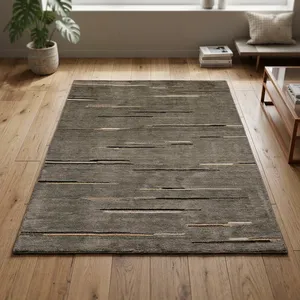Tapis rectangulaire moderne à rayures, tufté, avec envers antidérapant en caoutchouc, pour salon, motif gris, noir et blanc, en laine et acrylique, à poils moyens - Product Image 6