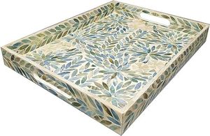 Handmade Luxury Mother of Pearl Inlay Round Serving Tray Turquoise Floral Capiz Shell <b>Mosaic</b> Decorative Ottoman Tray for Home - Product Image 1