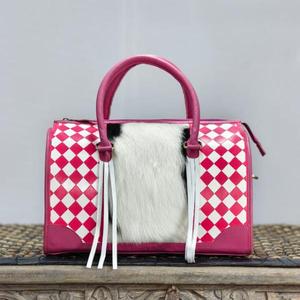 Bolso Speedy Grande de Cuero Genuino con Paneles de Piel de Vacuno y Detalles de Borlas, de Lujo para Viaje, Rojo y Blanco, Gran Capacidad, Ligero - Product Image 1