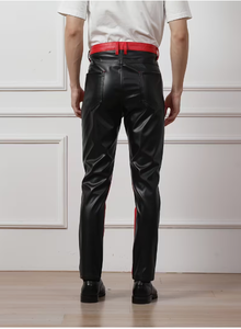 Spezia International Men's Red PU Coated Winter Heavyweight <b>Trousers</b> Black Side Stripe Straight Fit <b>Elastic</b> <b>Waist</b> Multiple Pants - Product Image 2