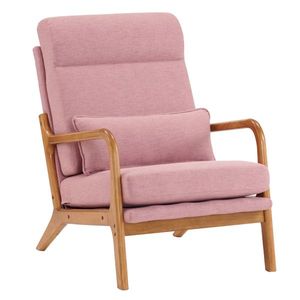 Solid Wood High Back Armrest & <b>Backrest</b> Chair with Iron Frame Linen Indoor Leisure Chair in Pink for Living Room - Product Image 5