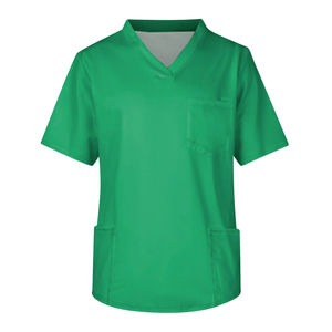 Haut d'infirmière tissé d'été, uniforme de travail unisexe à manches courtes et col en V, couleur unie, avec poche, pour hôpital et pharmacie - Product Image 4