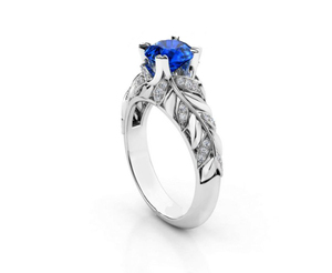 Stunning Luxury <b>925</b> Sterling <b>Silver</b> Blue Stone <b>Ring</b> Brilliant CZ Pave Leaf Band Women Wedding <b>Ring</b> - Product Image 2