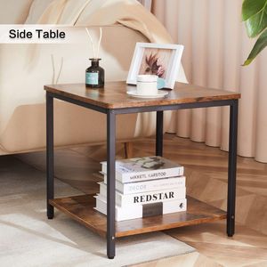 Natural Acacia Solid Wood 2-Tier <b>Side</b> <b>Table</b> with Black Metal Frame for Living Room Bedroom Home Furniture - Product Image 3