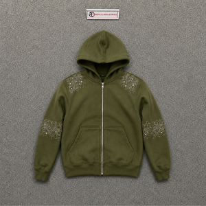 เสื้อฮู้ดซิปผู้ชายสีเขียวมะกอก ปักลายเพชร แต่งแขนเสื้อ สไตล์สตรีทแวร์ โอเวอร์ไซส์ ผ้าฟลีซลำลอง ใส่ได้ในฤดูหนาว ซิปยาวเต็มตัว 100% - Product Image 5