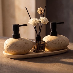 <b>Ceramic</b> Bathroom Set 3-Piece Oval Soap Dispenser <b>Diffuser</b> Tray Minimalist Easy To Clean - Product Image 3