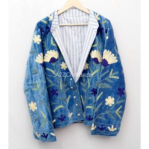 Chaqueta Varsity Azul Terciopelo con Bordado Floral, Ecológica, Transpirable, Cuello Mao, Manga Larga, Estilo Prairie Chic para Mujer - Product Image 2