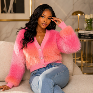 Cosh International Sisterhood Sorority Pink Faux Fur <b>Cardigan</b> V-Neck Balloon Sleeve Knitted Casual Winter Top Solid Color <b>Thick</b> - Product Image 3