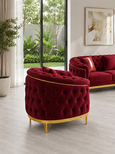 Luxury 321 Maroon Chesterfield Set Stainless Steel <b>Gold</b> Trim Tufted Design Living Room Hotel Villa Office Lobby Contemporary - Product Image 3