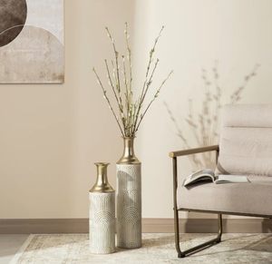 Juego de 2 Jarrones Decorativos Altos para Piso - Jarrón Metálico Moderno con Patrón Arqueado y Cuello Dorado para Decoración de Sala de Estar, Entrada y Hogar - Product Image 2