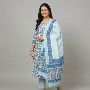 Traje Punjabi Profesional Blanco y Azul |   Conjunto de Kurti y Pijama con Estampado Floral Hecho a Mano con Borde |   Maestro de la confección de sarongs indios - Product Image 5