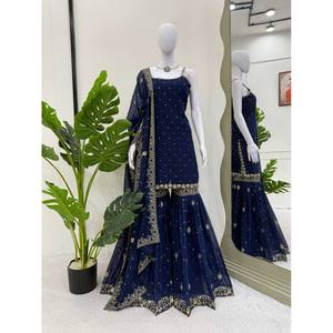 RTC Designer Navy Party Wear Ensemble haut-bas et Dupatta avec fil séquentiel Travail 1000g Taille XL - Product Image 4