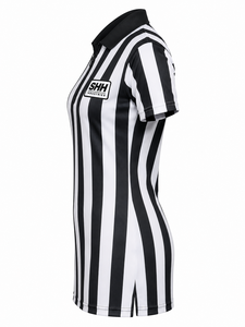 Chemise d'arbitre rayée noire et blanche pour femmes, col polo demi-zip, manches courtes, ajustée, pour arbitres de basketball et de football, performance SHH - Product Image 3