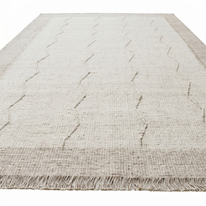 Tapis en laine beige ivoire à motif géométrique minimaliste, tapis texturé neutre avec franges, antidérapant et écologique pour salon - Product Image 2