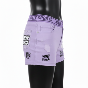 Shorts en denim lavande pour femme, en coton et polyester de qualité supérieure, avec panneaux transparents en PVC et logo personnalisé. - Product Image 5