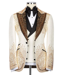Men’s Ivory Gold Embellished Tuxedo <b>Jacket</b> – <b>Rhinestone</b> Designer Wedding Blazer with Black Shawl Lapel - Product Image 5