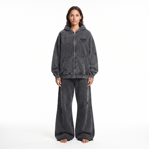 Women’s Trendy Acid Wash Distressed Full Zip Hoodie Relaxed Fit <b>Wide</b> <b>Leg</b> Flared <b>Jogger</b> Custom Logo Streetwear Two Piece - Product Image 5
