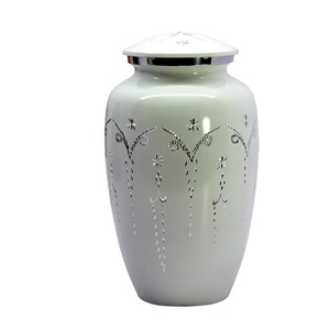 Urne funéraire artisanale blanche de créateur pour cendres humaines, avec couvercle fileté sécurisé, en métal de haute qualité, récipient commémoratif funéraire - Product Image 1