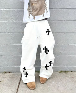 Pantalon large noir pour homme avec imprimé croix blanche, style streetwear hip-hop, décontracté et ample, pour le jogging, mode gothique - Product Image 2