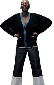 Cardigan en tricot pour femme, col en V, manches chauve-souris, couleur contrastée, fermeture boutonnée, style décontracté, manches longues - Product Image 4