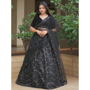 Impresionante vestido de noche de organza bordado negro ropa de fiesta Lehenga Choli - Product Image 5