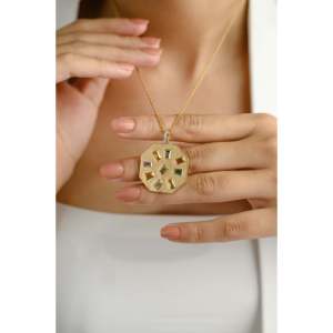 18K <b>Solid</b> Yellow <b>Gold</b> Antique Multi Sapphire <b>Pendant</b> with Pearl and Link Chain - Product Image 4