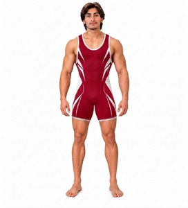 Combinaison de lutte pour hommes, une pièce, rouge et blanc, pour gymnastique et sport - Product Image 1