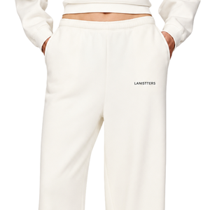 Pantalones de chándal de forro polar para mujer, de pierna ancha, color crema, con cintura elástica, ajuste holgado, suaves, informales, para invierno, con bolsillos - Product Image 3