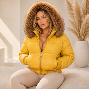 Veste d'hiver en cuir pour femme de luxe avec capuche garnie de fourrure, vêtements d'extérieur chauds - Manteaux en peau d'agneau de luxe S-XXL - Product Image 6