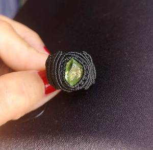 Handmade Boho Macrame <b>Ring</b> with Natural Green Gemstone <b>Crystal</b> - Black Adjustable Statement Cord <b>Ring</b> Wholesale Jewelry - Product Image 1