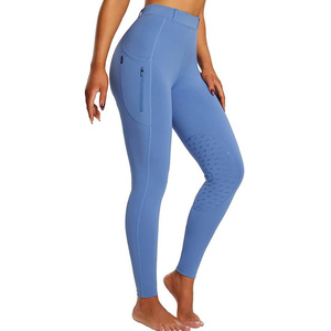 Pantalones de equitación de cintura alta para mujer, color liso, ajuste ceñido, con logotipo personalizado, bolsillo con cremallera y cierre de botón, para montar a caballo, azul. - Product Image 5