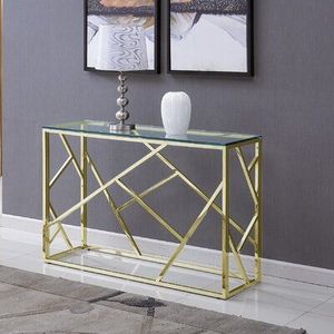 Mirror finish metal <b>console</b> <b>table</b> with <b>glass</b> top adds reflective beauty to elegant bedroom or hallway furniture decor - Product Image 1