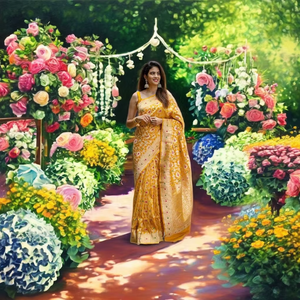 Sari de Seda Banarasi Amarillo Premium, Tejido Tradicional con Zari Dorado, Diseño Floral Butta, Prenda Étnica de Lujo para Bodas Indias de Invierno - Product Image 1