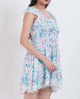 Robe mini trapèze smockée à motif floral, 100 % coton, coupe ajustée, col carré, taille élastique, lavable, écologique, pour femme - Vente en gros