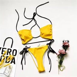 Women Solid Color <b>Bikini</b> Set Crop Top <b>Thong</b> Bottom With Logo Print Stretch Swimwear Two Piece Beachwear - Product Image 3